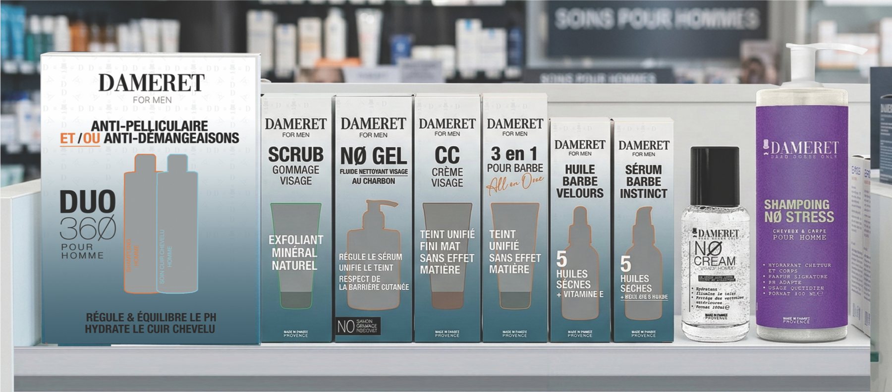 La gamme DAMERET installée dans le rayon soins pour hommes d'une officine